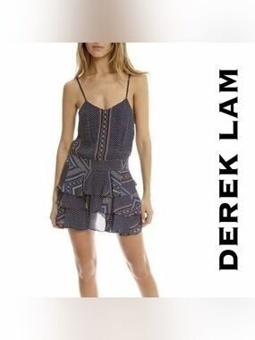 Derek Lam Navy Printed Spaghetti-Strap Mini Dress